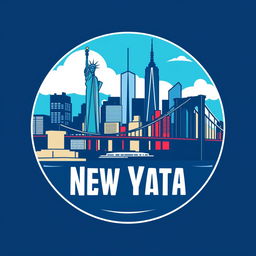 A logo representing New York City, incorporating iconic elements such as the skyline featuring the Statue of Liberty, the Empire State Building, and the Brooklyn Bridge