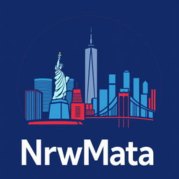 A logo representing New York City, incorporating iconic elements such as the skyline featuring the Statue of Liberty, the Empire State Building, and the Brooklyn Bridge