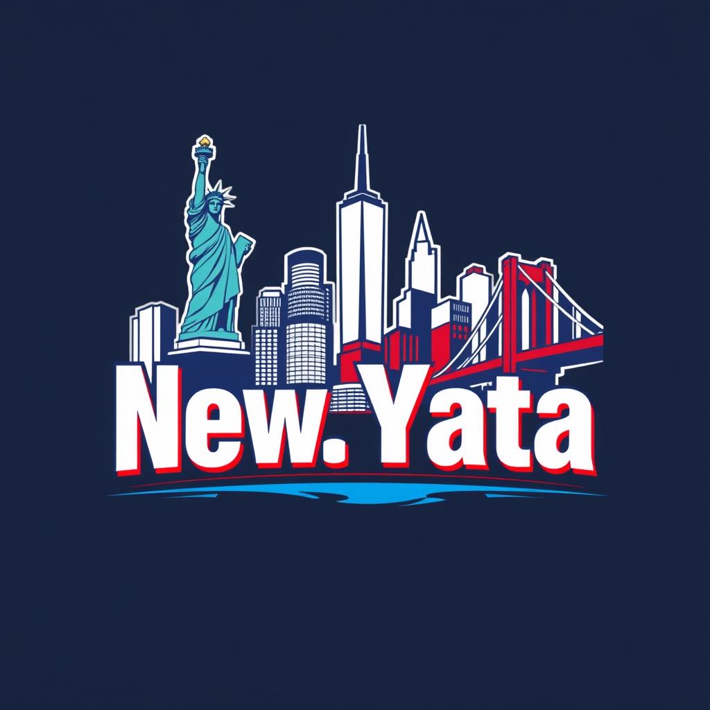 A logo representing New York City, incorporating iconic elements such as the skyline featuring the Statue of Liberty, the Empire State Building, and the Brooklyn Bridge