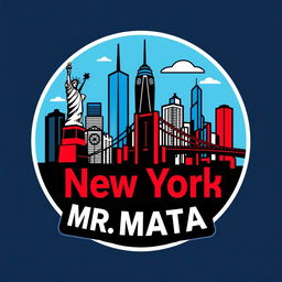 A logo representing New York City, incorporating iconic elements such as the skyline featuring the Statue of Liberty, the Empire State Building, and the Brooklyn Bridge