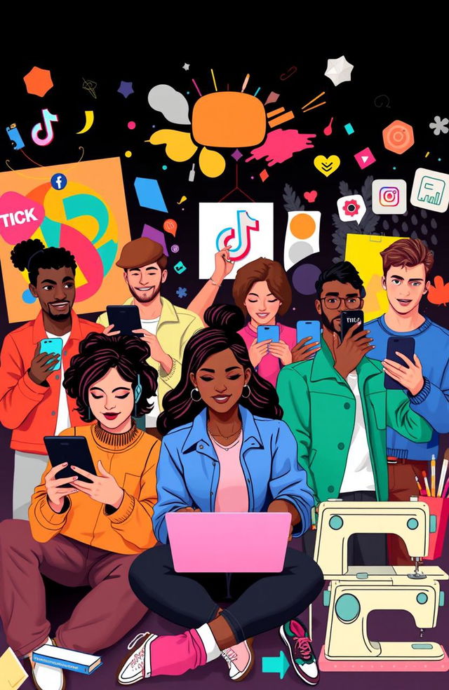 A creative and vibrant digital illustration of a diverse group of designers engaging with TikTok and Instagram platforms