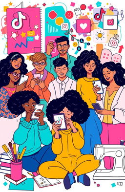 A creative and vibrant digital illustration of a diverse group of designers engaging with TikTok and Instagram platforms