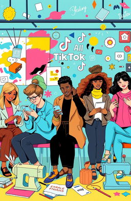 A creative and vibrant digital illustration of a diverse group of designers engaging with TikTok and Instagram platforms