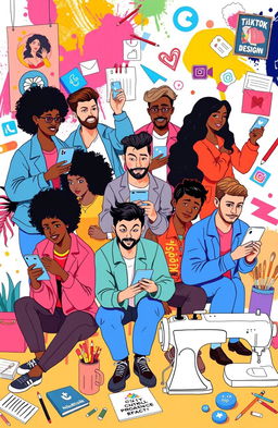 A creative and vibrant digital illustration of a diverse group of designers engaging with TikTok and Instagram platforms