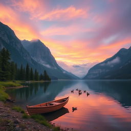 A serene landscape with a tranquil lake at sunrise, surrounded by towering mountains