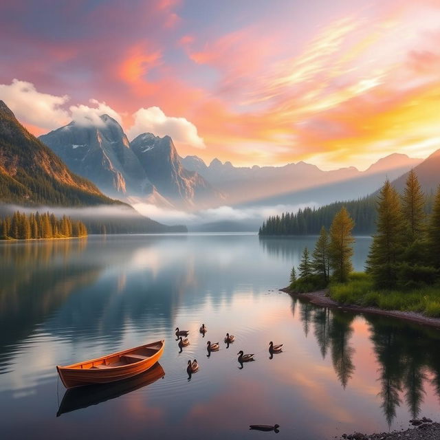 A serene landscape with a tranquil lake at sunrise, surrounded by towering mountains