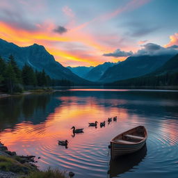 A serene landscape with a tranquil lake at sunrise, surrounded by towering mountains