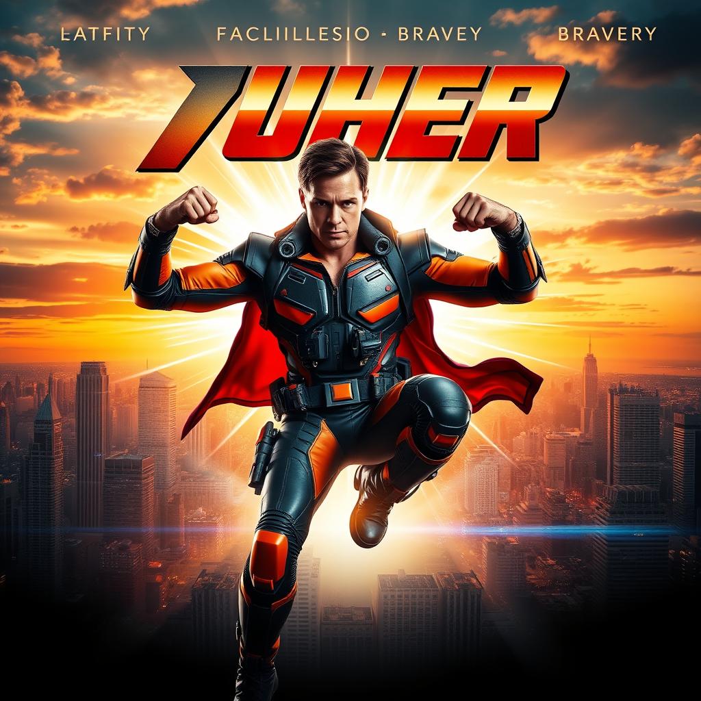 A dynamic and heroic movie poster featuring a strong, confident hero in an action-packed pose