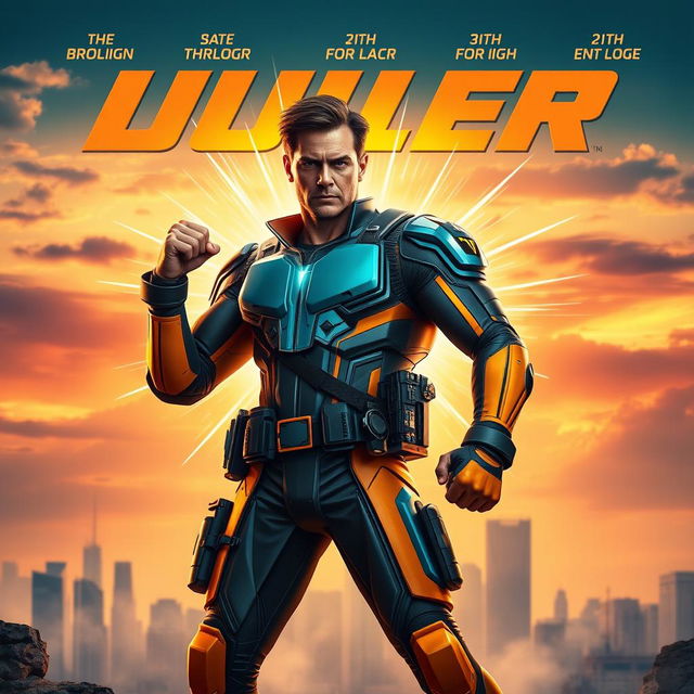 A dynamic and heroic movie poster featuring a strong, confident hero in an action-packed pose