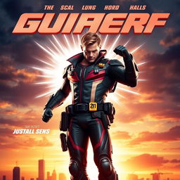 A dynamic and heroic movie poster featuring a strong, confident hero in an action-packed pose