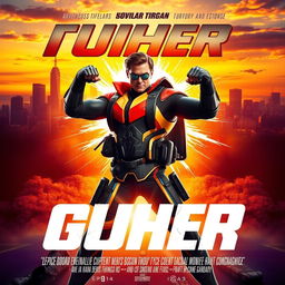 A dynamic and heroic movie poster featuring a strong, confident hero in an action-packed pose