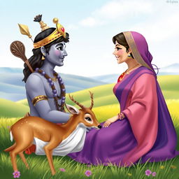 A romantic scene depicting Rama and Sita engaged in a tender conversation in a serene natural setting