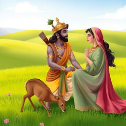 A romantic scene depicting Rama and Sita engaged in a tender conversation in a serene natural setting