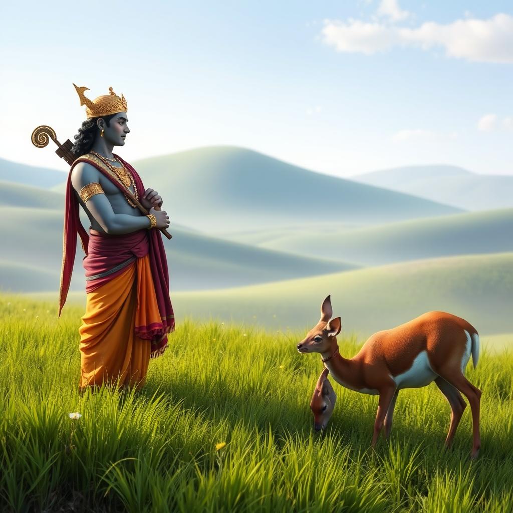 A romantic scene depicting Rama and Sita engaged in a tender conversation in a serene natural setting