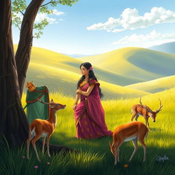 A romantic scene depicting Rama and Sita engaged in a tender conversation in a serene natural setting