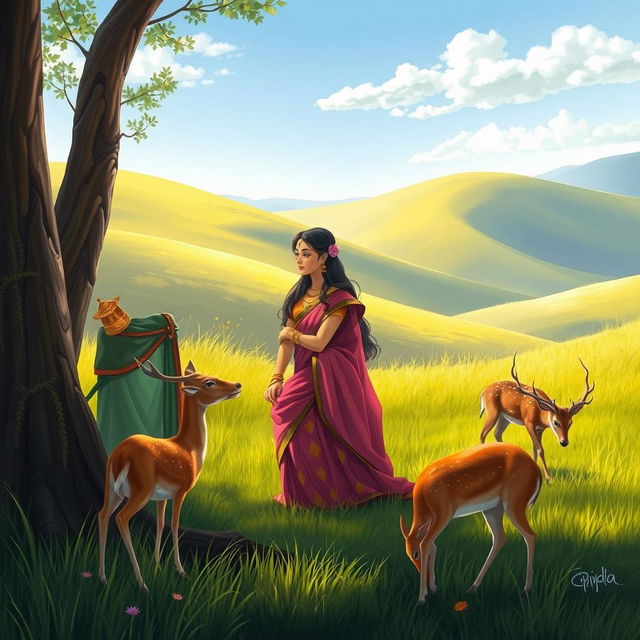 A romantic scene depicting Rama and Sita engaged in a tender conversation in a serene natural setting