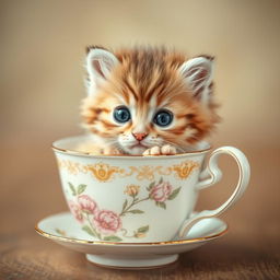 A charming and adorable close-up photograph of a cute, fluffy kitten nestled comfortably inside a delicate teacup