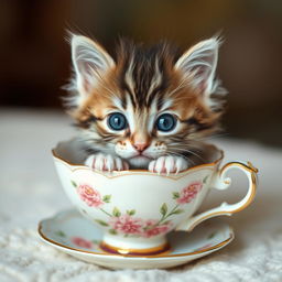 A charming and adorable close-up photograph of a cute, fluffy kitten nestled comfortably inside a delicate teacup