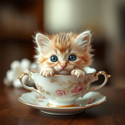 A charming and adorable close-up photograph of a cute, fluffy kitten nestled comfortably inside a delicate teacup