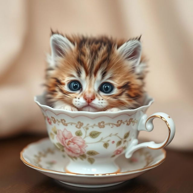 A charming and adorable close-up photograph of a cute, fluffy kitten nestled comfortably inside a delicate teacup