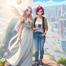 A stunning illustration featuring two women from different realms standing together in a breathtaking landscape