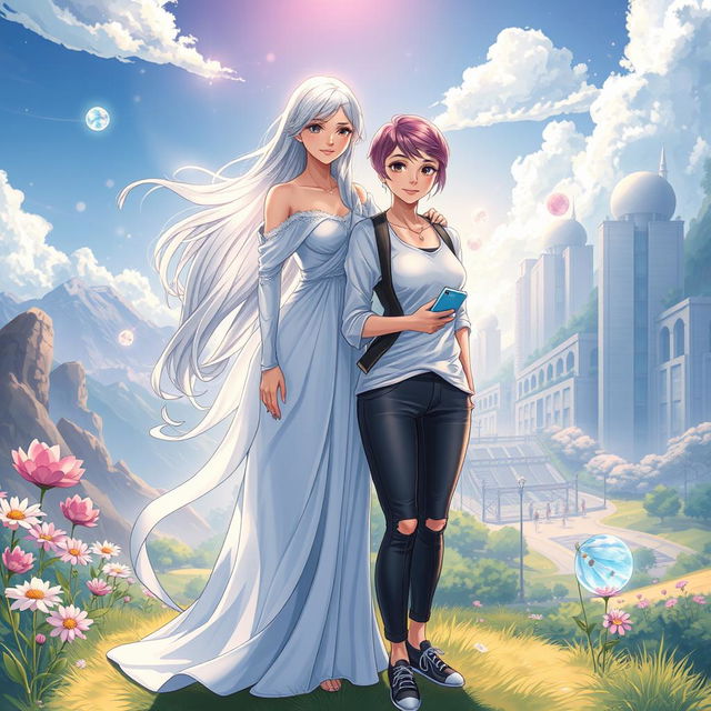 A stunning illustration featuring two women from different realms standing together in a breathtaking landscape