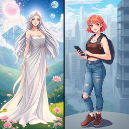 A stunning illustration featuring two women from different realms standing together in a breathtaking landscape