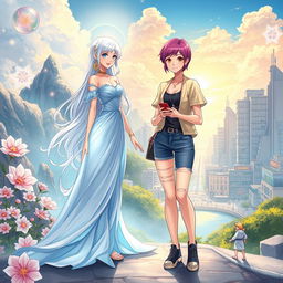 A stunning illustration featuring two women from different realms standing together in a breathtaking landscape