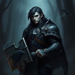 A young male shadar-kai paladin of the Raven Queen, adorned in dark, ornate armor reflecting his heritage