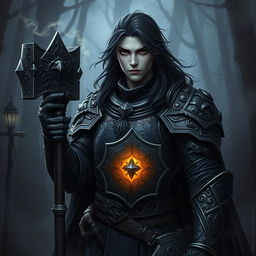 A young male shadar-kai paladin of the Raven Queen, adorned in dark, ornate armor reflecting his heritage