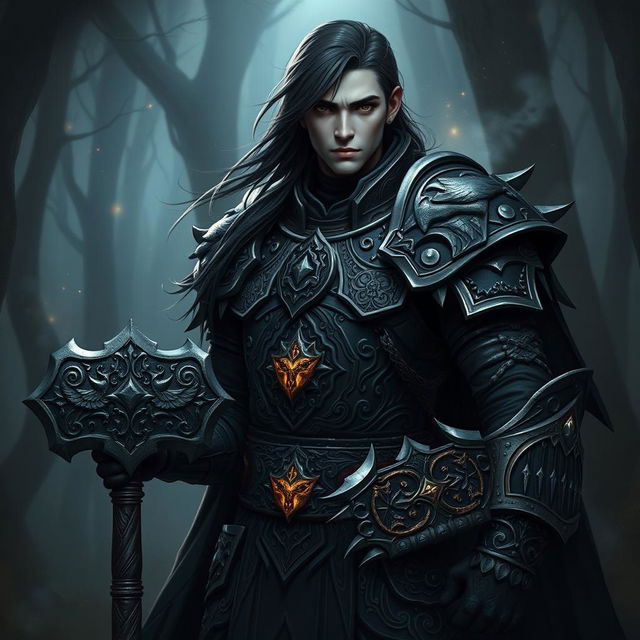 A young male shadar-kai paladin of the Raven Queen, adorned in dark, ornate armor reflecting his heritage