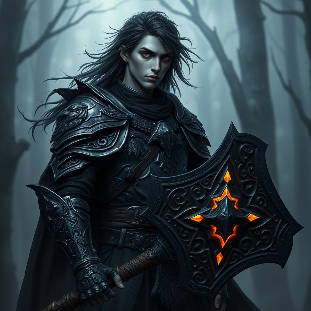 A young male shadar-kai paladin of the Raven Queen, adorned in dark, ornate armor reflecting his heritage