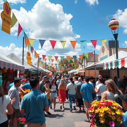 A vibrant and dynamic scene showcasing a lively street festival, filled with colorful decorations, street performers, and food stalls