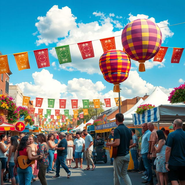 A vibrant and dynamic scene showcasing a lively street festival, filled with colorful decorations, street performers, and food stalls