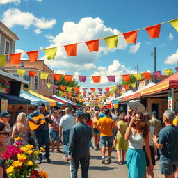A vibrant and dynamic scene showcasing a lively street festival, filled with colorful decorations, street performers, and food stalls