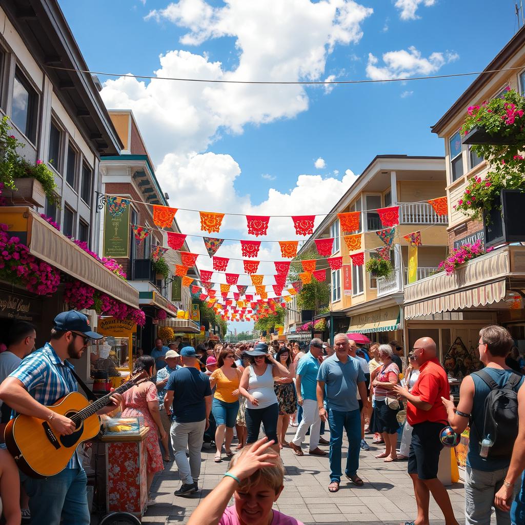 A vibrant and dynamic scene showcasing a lively street festival, filled with colorful decorations, street performers, and food stalls