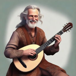 An ultra-realistic digital art of a smiling vagrant bard, his face radiating joy and warmth