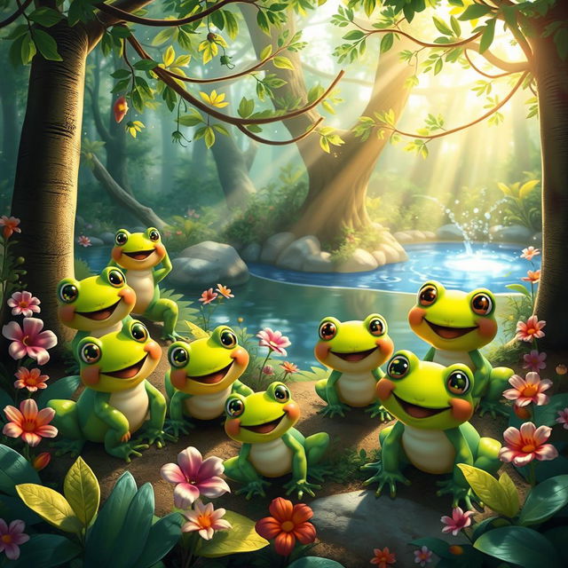 A whimsical scene in a magical forest filled with happy baby frogs, each one charmingly animated with joyful expressions