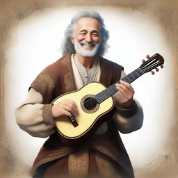 An ultra-realistic digital art of a smiling vagrant bard, his face radiating joy and warmth