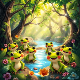 A whimsical scene in a magical forest filled with happy baby frogs, each one charmingly animated with joyful expressions
