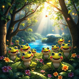 A whimsical scene in a magical forest filled with happy baby frogs, each one charmingly animated with joyful expressions