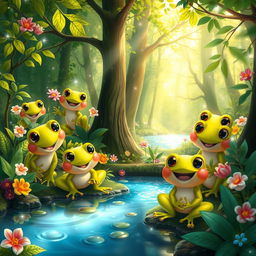 A whimsical scene in a magical forest filled with happy baby frogs, each one charmingly animated with joyful expressions