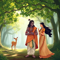 A serene forest scene featuring Rama and Sita, both dressed in traditional Indian attire, engaged in a warm conversation