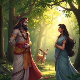 A serene forest scene featuring Rama and Sita, both dressed in traditional Indian attire, engaged in a warm conversation