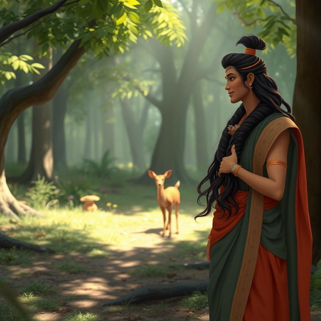 A serene forest scene featuring Rama and Sita, both dressed in traditional Indian attire, engaged in a warm conversation