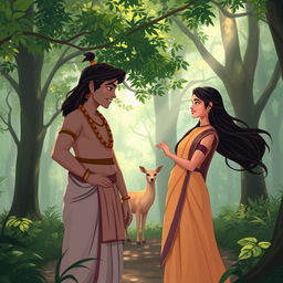 A serene forest scene featuring Rama and Sita, both dressed in traditional Indian attire, engaged in a warm conversation