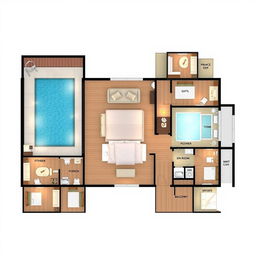 A detailed hotel guestroom floorplan displaying a luxurious swim-out suite