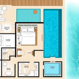 A detailed hotel guestroom floorplan displaying a luxurious swim-out suite