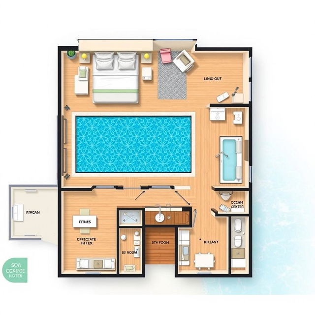 A detailed hotel guestroom floorplan displaying a luxurious swim-out suite