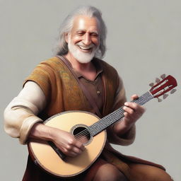 An ultra-realistic digital art of a smiling vagrant bard, his face radiating joy and warmth